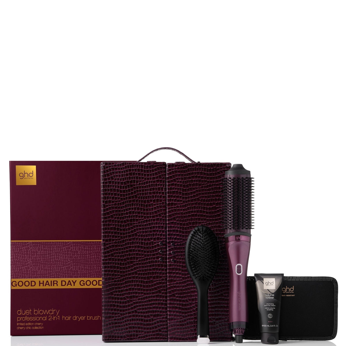 ghd Duet Blowdry in Cherry with Volume Forever and dressing brush