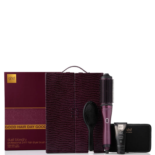 ghd Duet Blowdry in Cherry with Volume Forever and dressing brush